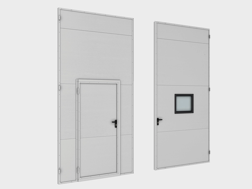 Две створки поставляются в сборе (сэндвич-панели толщиной 80 мм, стальные окантовочные профили, усиливающие уголки, петли со сменной осью, уплотнитель, механический замок). При автоматизации ворот по заданию заказчика замок в створки не устанавливается. Врезка калитки и окон выполняется опционально согласно техническому заданию.